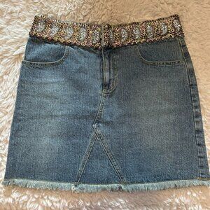 NWOT Vintage Skrtz Y2K Denim Mini Skirt Sequin Paisley‎ Waistband Size 4